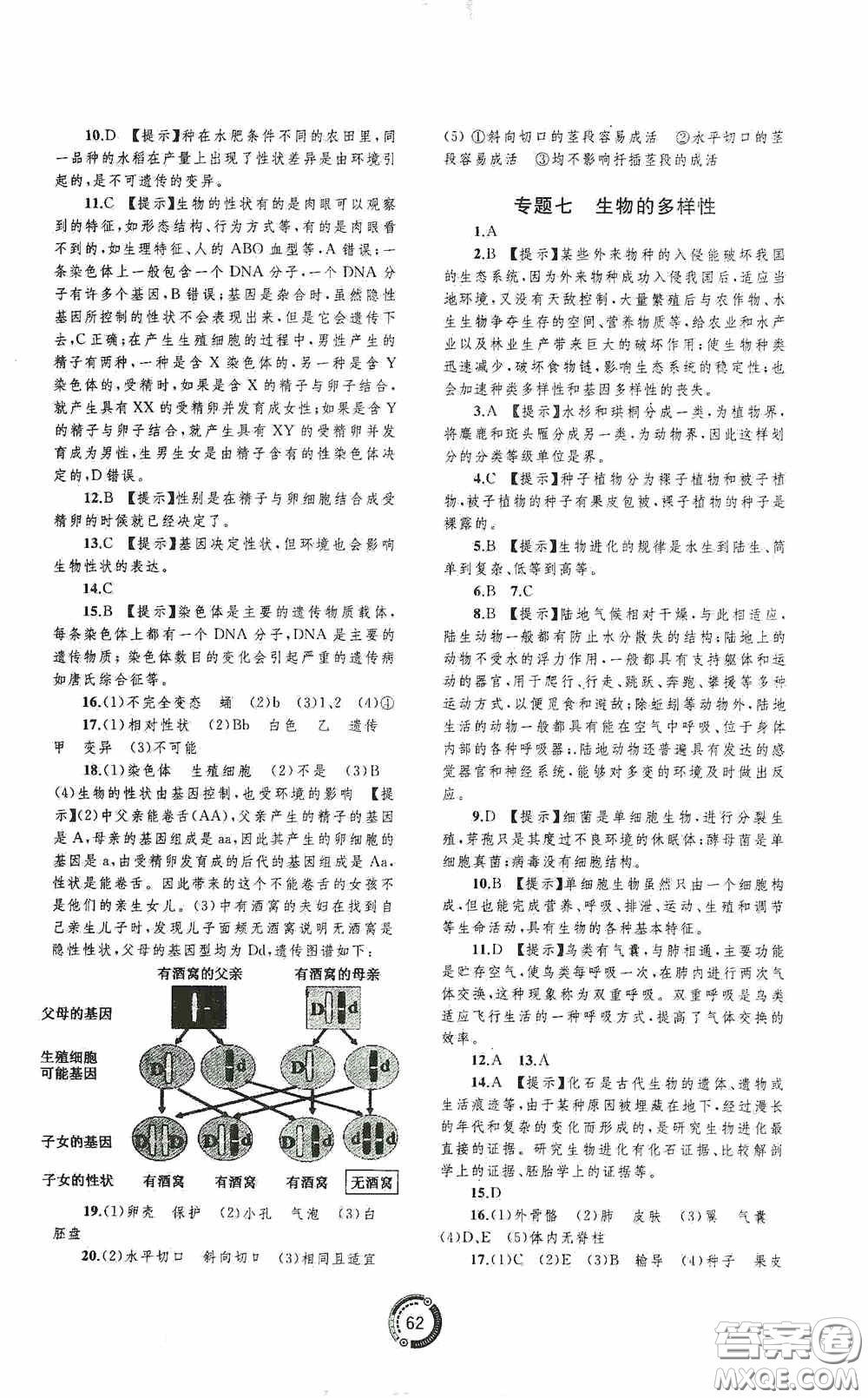 廣西教育出版社2020中考先鋒中考總復習配套測試卷生物課標版C答案