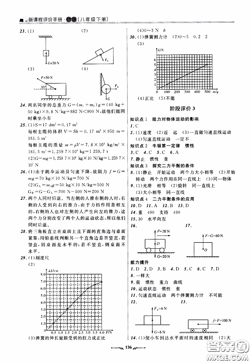 遼寧師范大學出版社2021新課程評價手冊八年級物理下冊答案