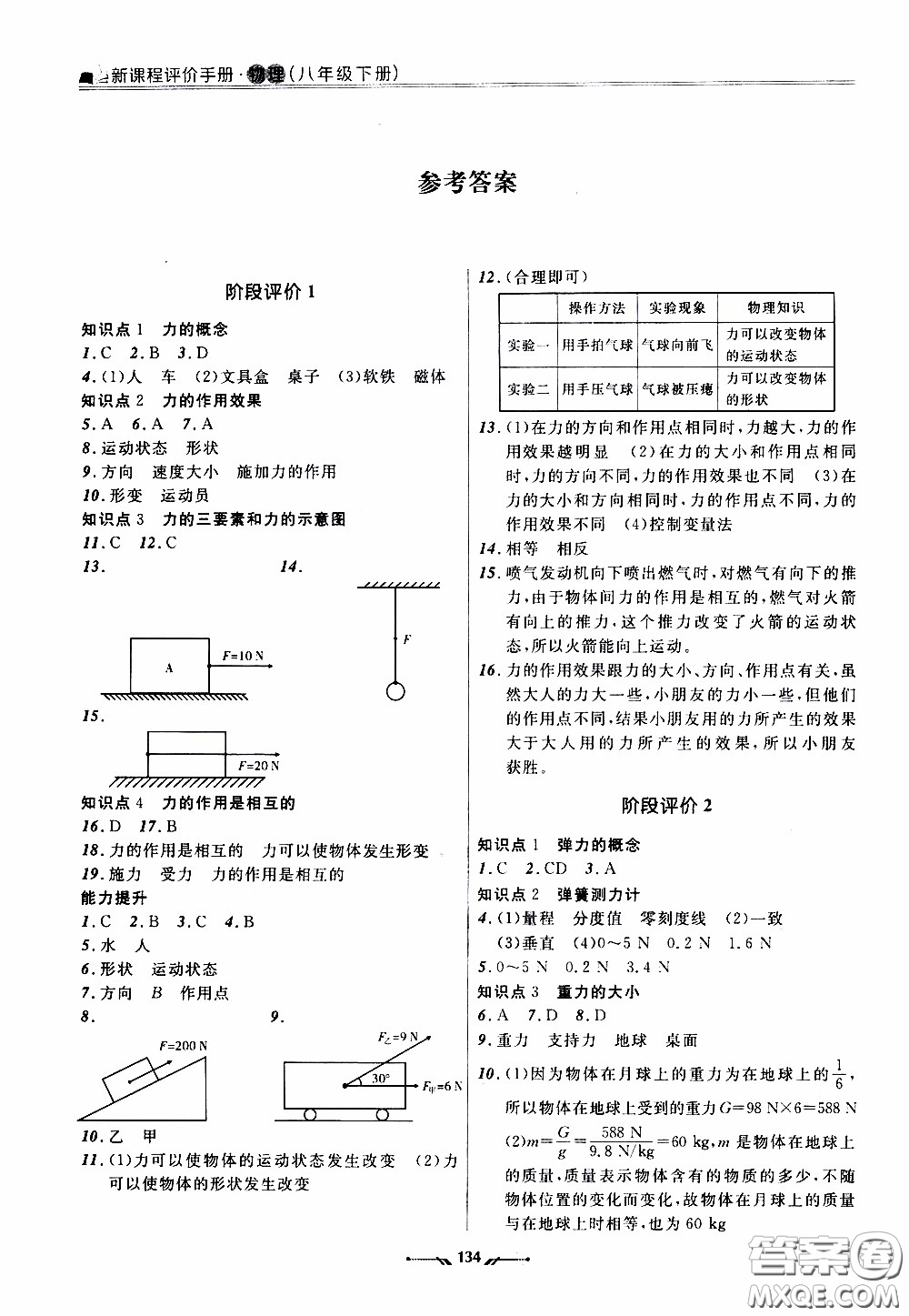 遼寧師范大學出版社2021新課程評價手冊八年級物理下冊答案