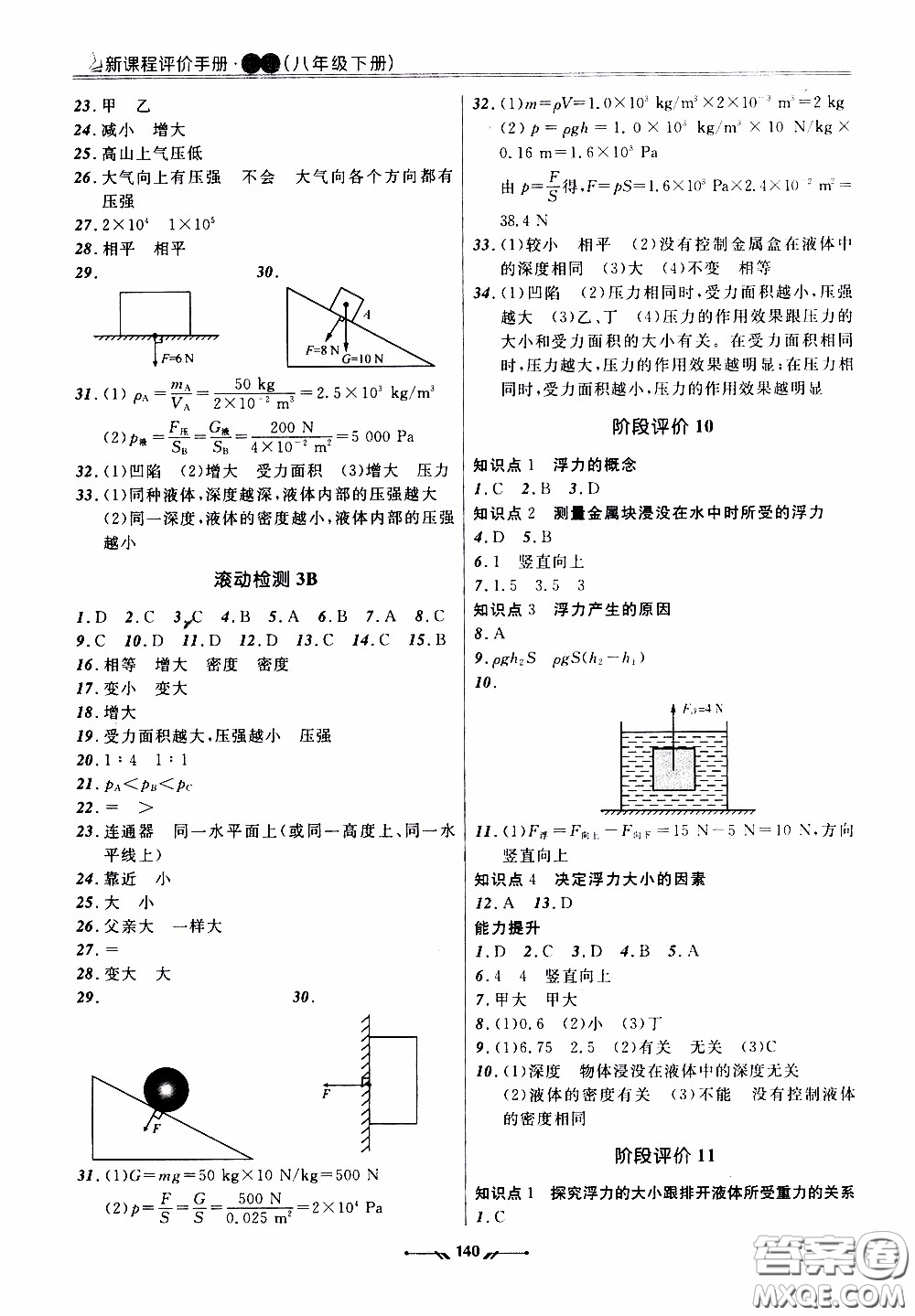 遼寧師范大學出版社2021新課程評價手冊八年級物理下冊答案