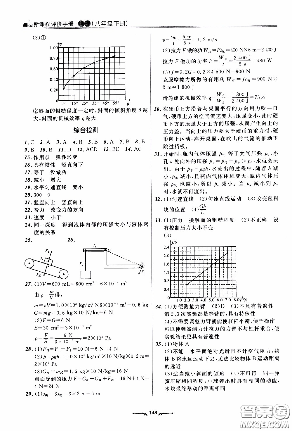 遼寧師范大學出版社2021新課程評價手冊八年級物理下冊答案