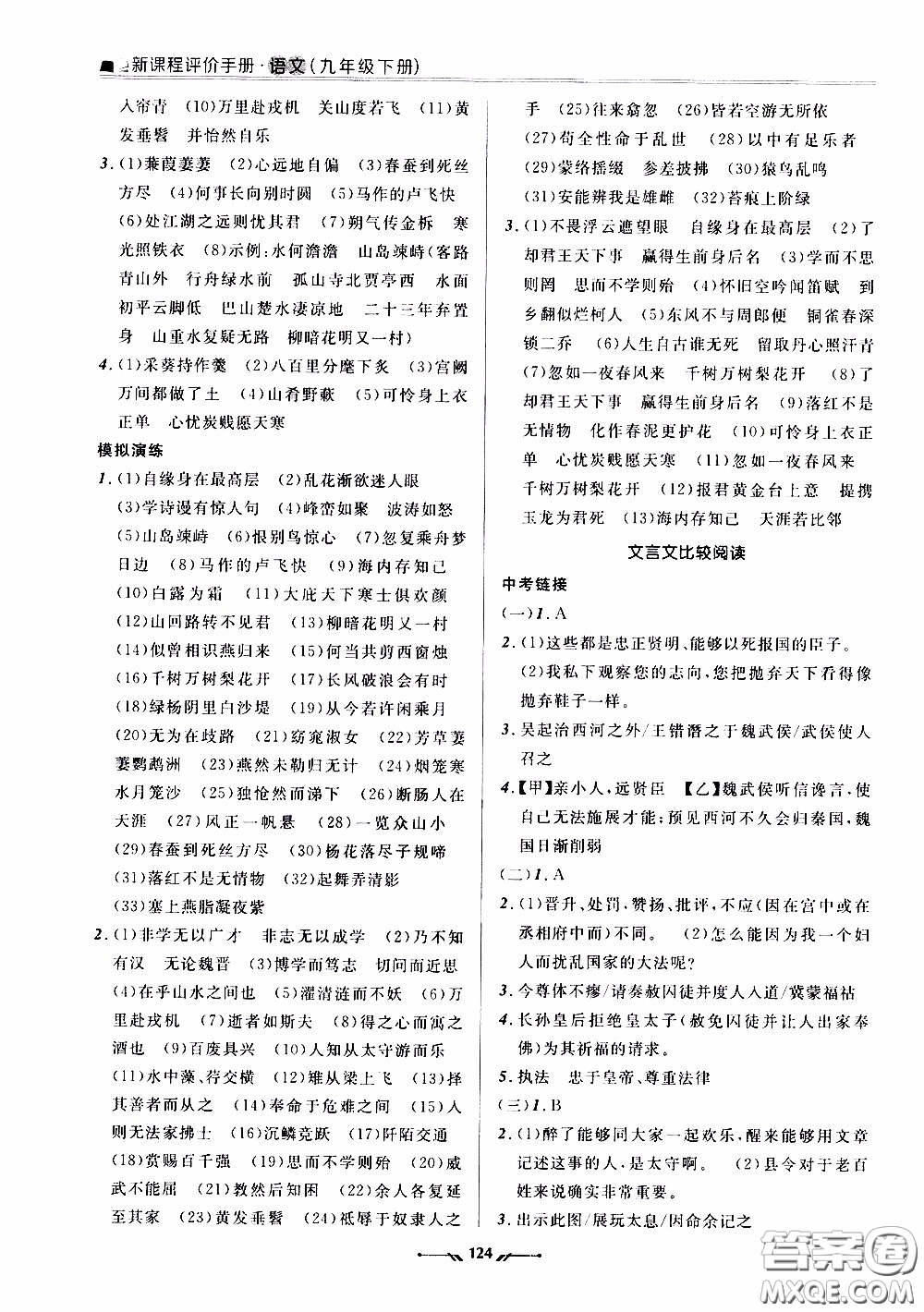 2020年新課程評價手冊語文九年級下冊人教版參考答案