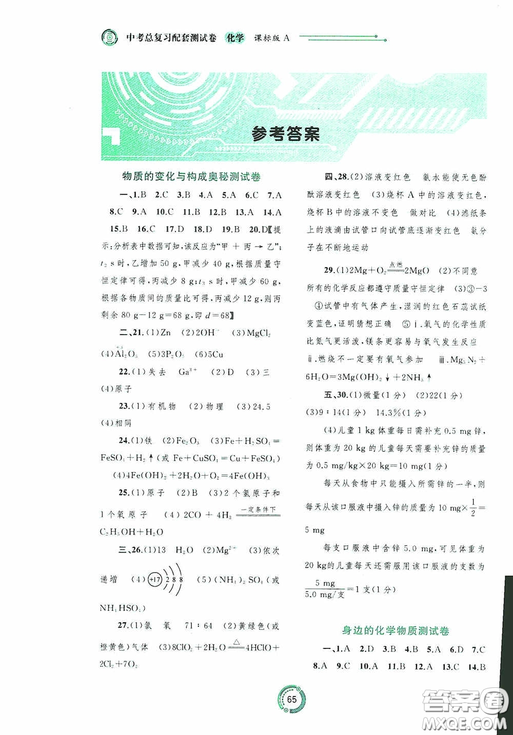 廣西教育出版社2020中考先鋒中考總復(fù)習(xí)配套測(cè)試卷化學(xué)課標(biāo)版A答案