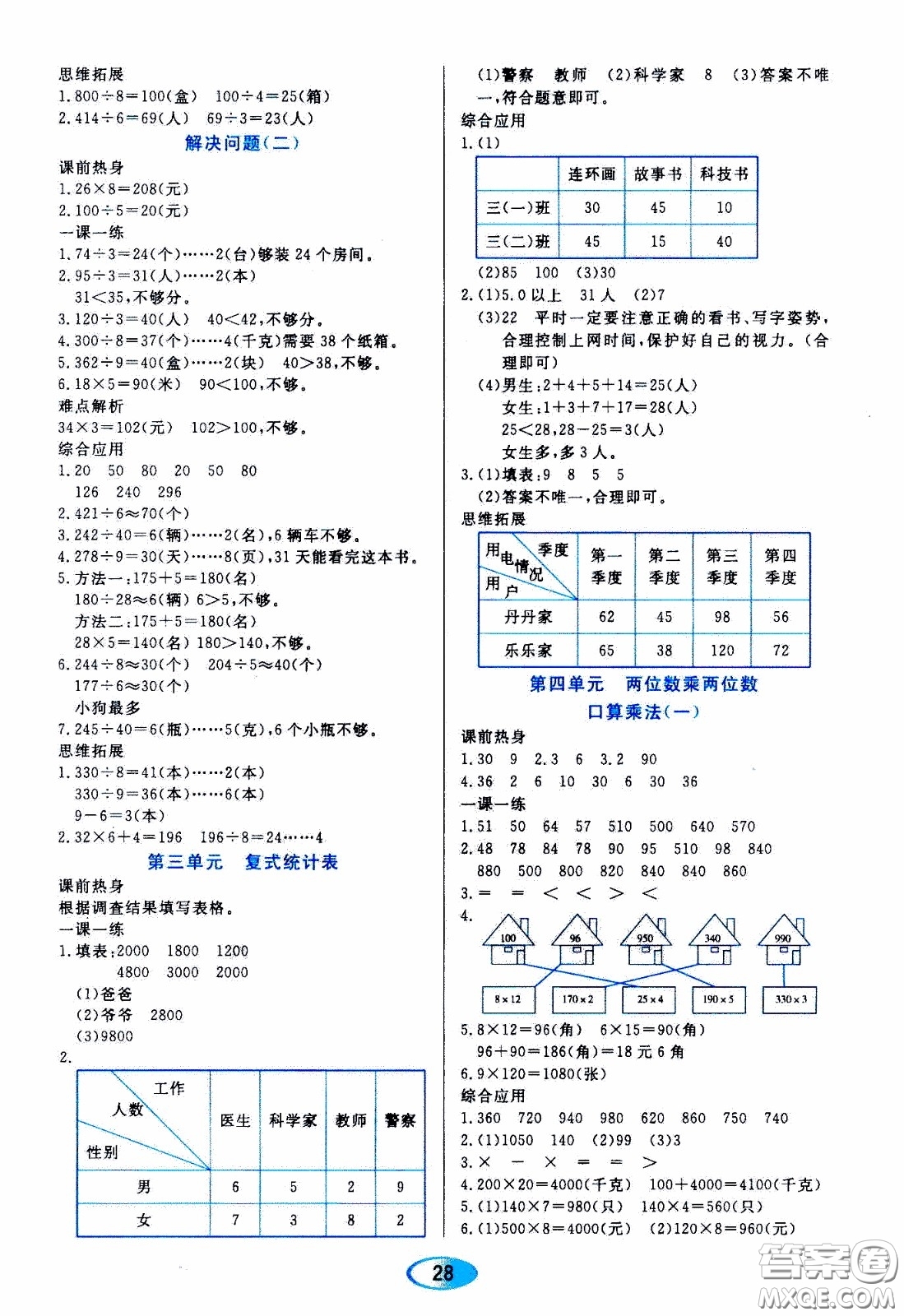 2020年資源與評(píng)價(jià)數(shù)學(xué)三年級(jí)下冊(cè)人教版參考答案