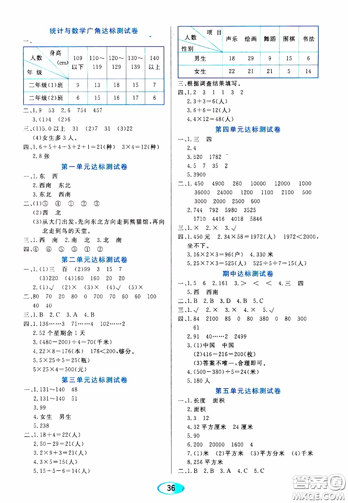 2020年資源與評(píng)價(jià)數(shù)學(xué)三年級(jí)下冊(cè)人教版參考答案