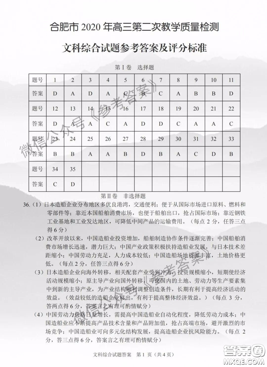 合肥市2020年高三第二次教學(xué)質(zhì)量檢測(cè)文科綜合答案