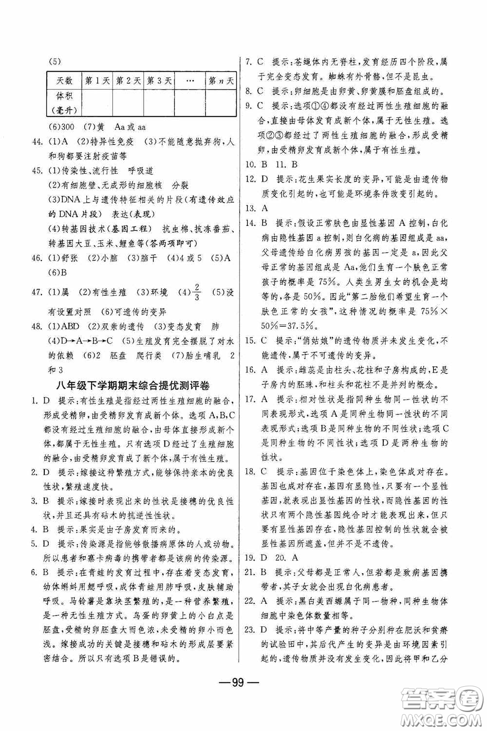江蘇人民出版社2020期末闖關(guān)沖刺100分八年級生物學(xué)下冊人民教育RMJY版答案