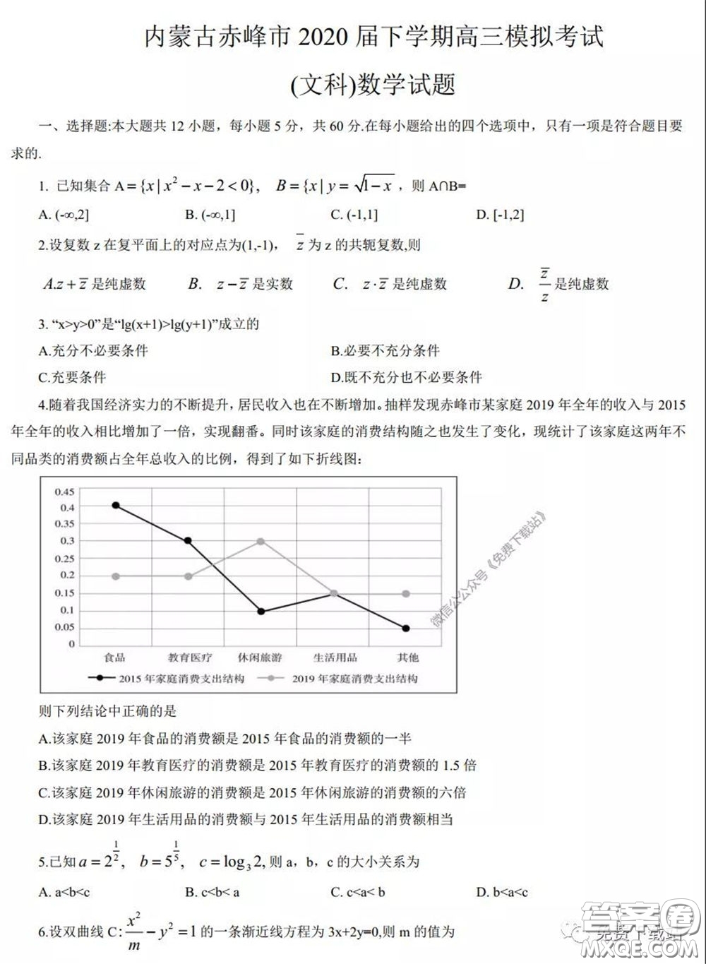 2020年內(nèi)蒙古赤峰市高三4月模擬考試文科數(shù)學試題及答案