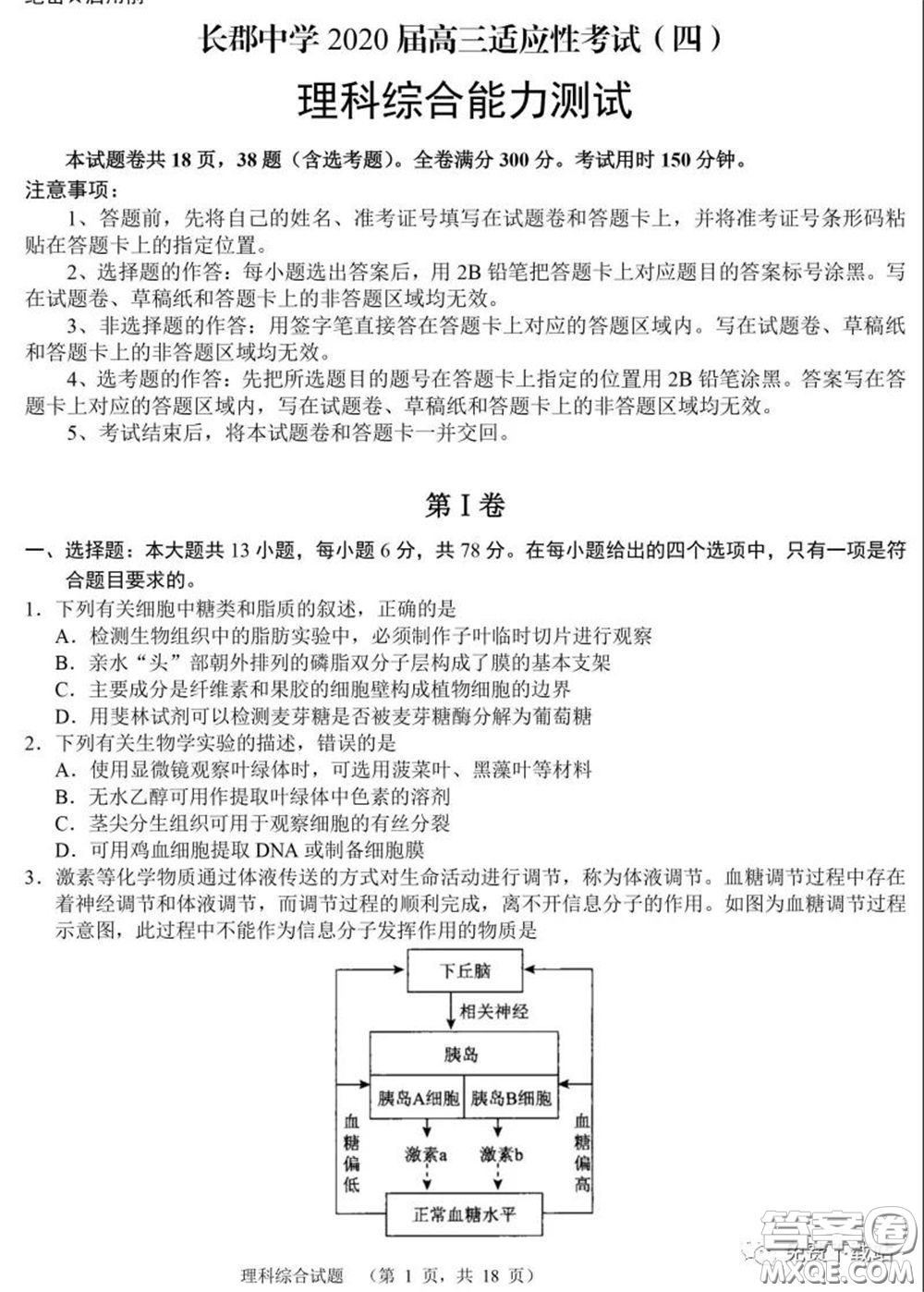 長郡中學2020屆高三適應性考試四理科綜合試題及答案