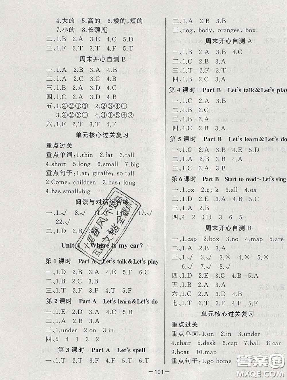 2020新版A+優(yōu)化作業(yè)本三年級英語下冊人教版參考答案