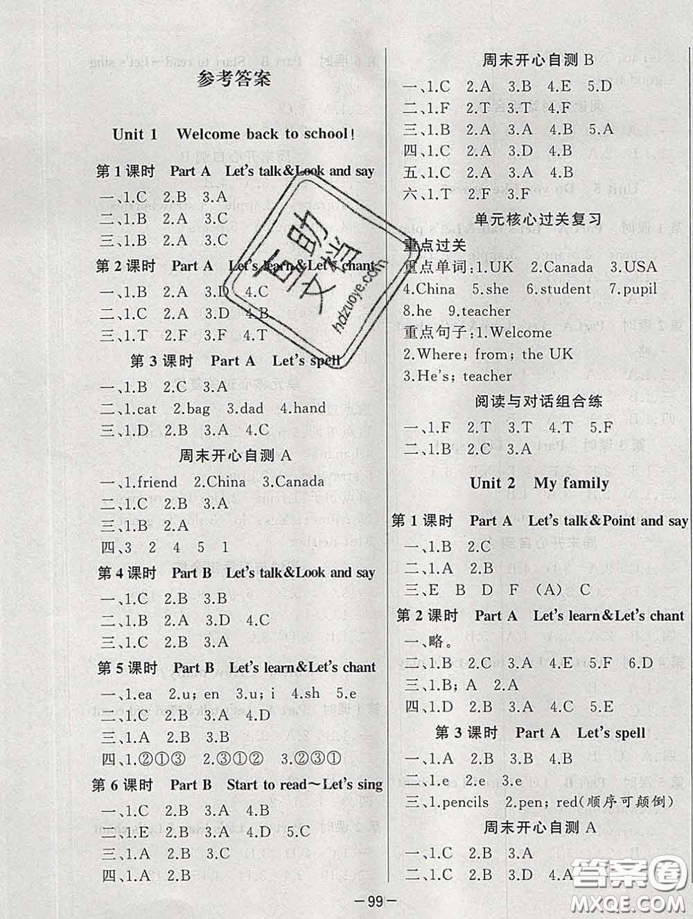 2020新版A+優(yōu)化作業(yè)本三年級英語下冊人教版參考答案