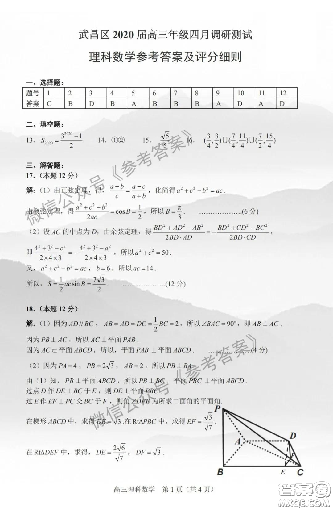 武昌區(qū)2020屆高三年級四月調(diào)考理科數(shù)學答案