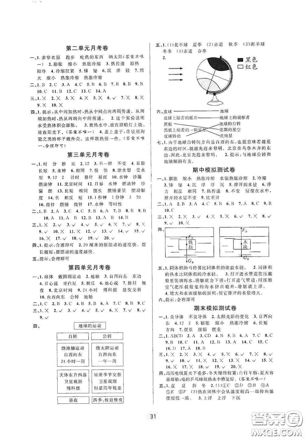河海大學出版社2020同步特訓小博士五年級科學人教版下冊答案