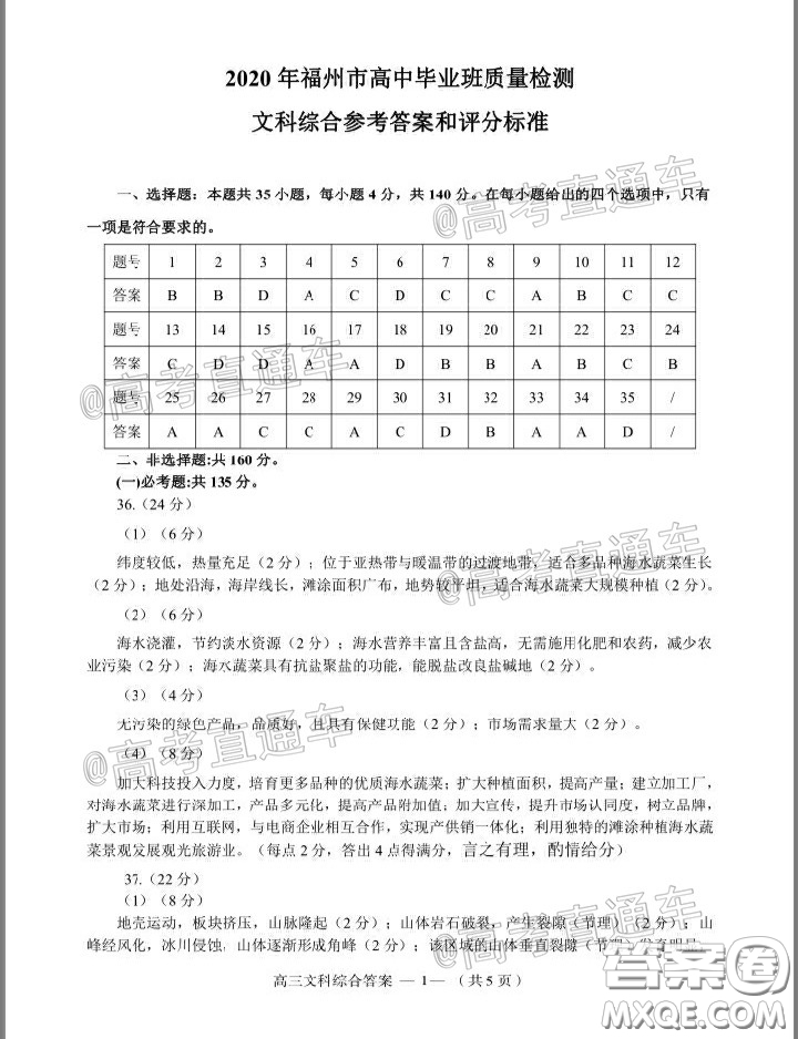 2020年4月福州市高中畢業(yè)班質(zhì)量檢測文科綜合試題及答案