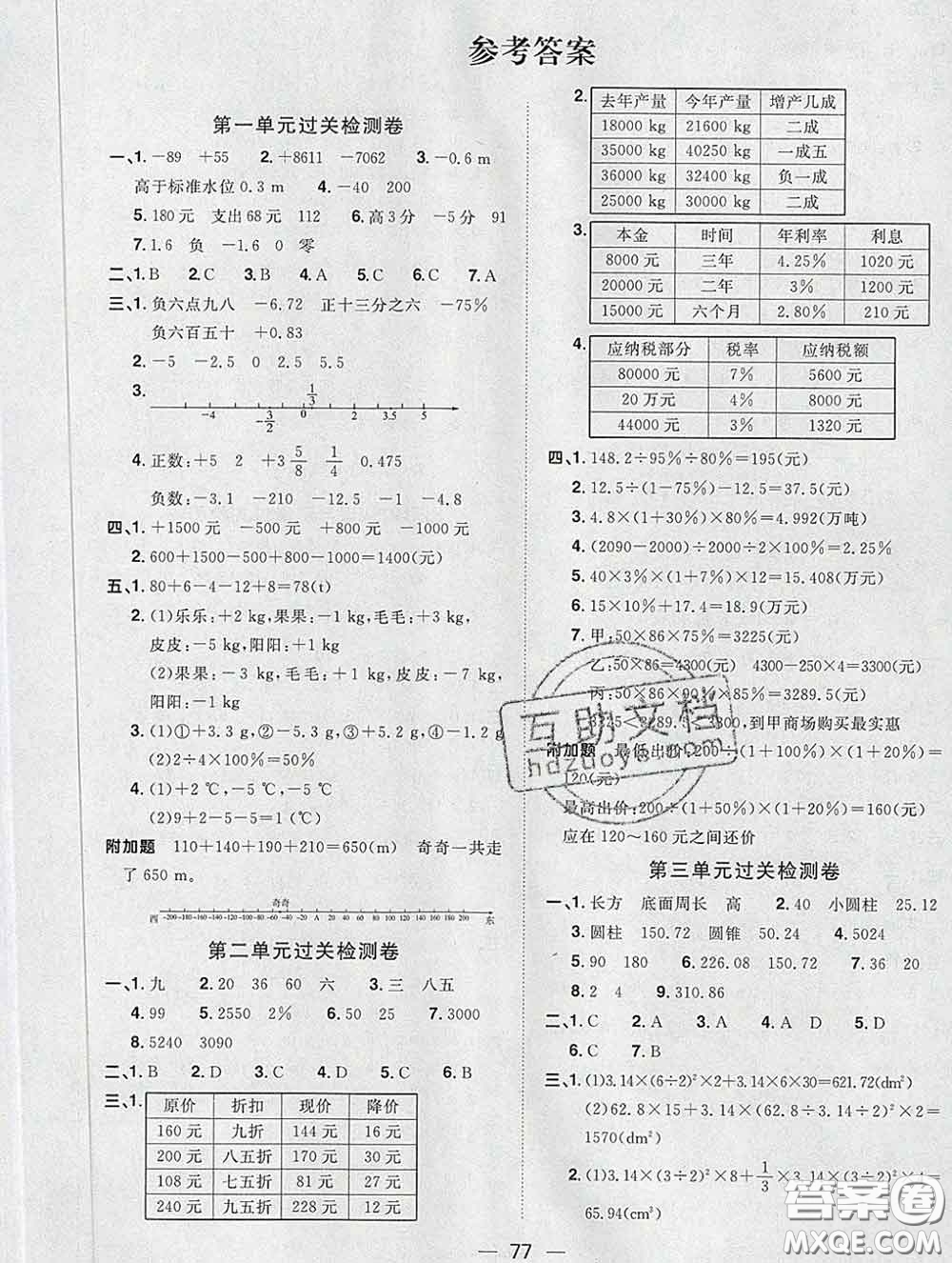 2020新版陽光同學一線名師全優(yōu)好卷六年級數(shù)學下冊人教版廣東專版答案