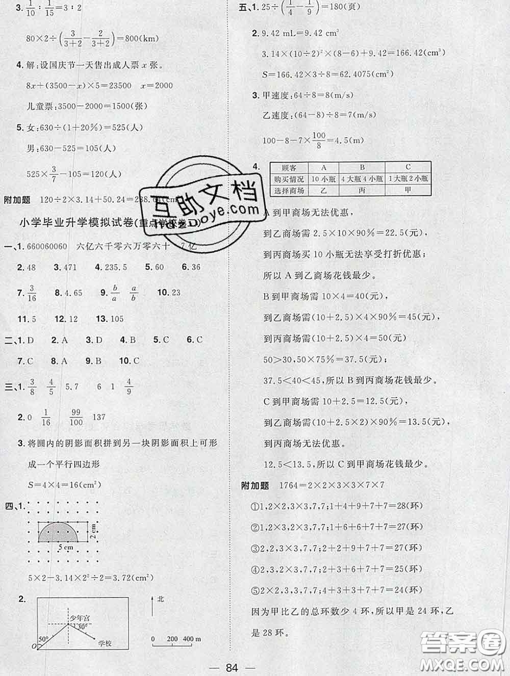 2020新版陽光同學一線名師全優(yōu)好卷六年級數(shù)學下冊人教版廣東專版答案