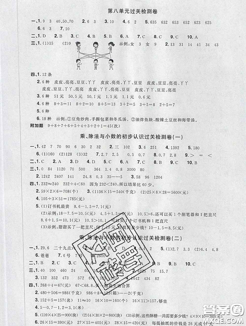 2020新版陽光同學(xué)一線名師全優(yōu)好卷三年級數(shù)學(xué)下冊人教版福建專版答案