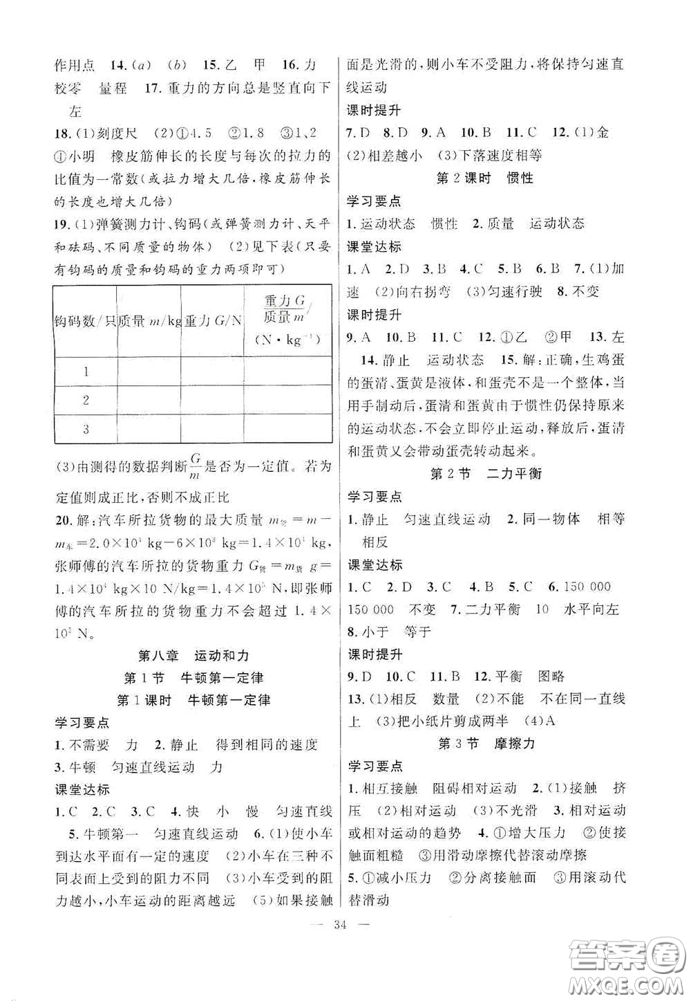 合肥大學(xué)出版社2020全頻道課時(shí)作業(yè)八年級物理下冊人教版答案