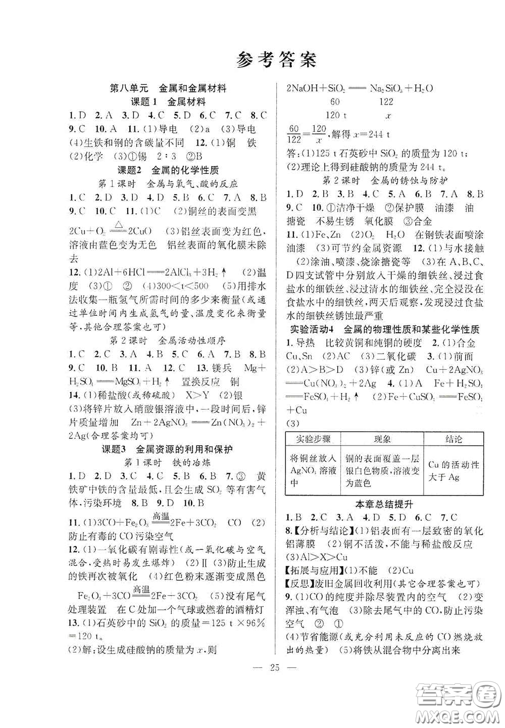 合肥大學(xué)出版社2020全頻道課時(shí)作業(yè)九年級(jí)化學(xué)下冊(cè)人教版答案