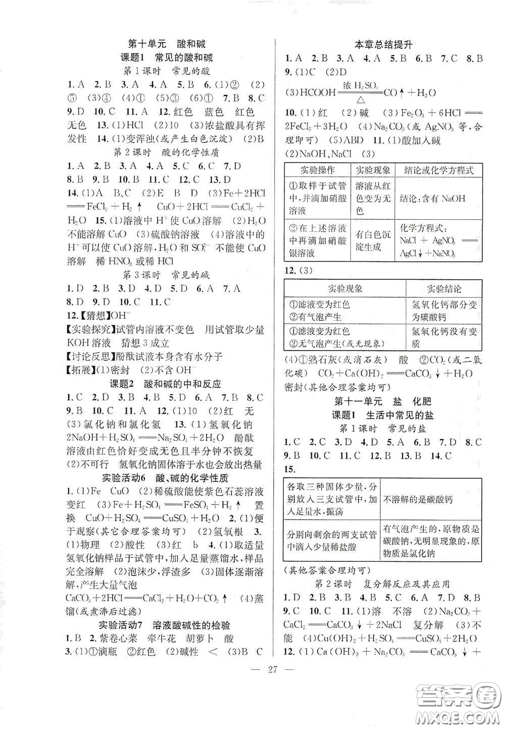 合肥大學(xué)出版社2020全頻道課時(shí)作業(yè)九年級(jí)化學(xué)下冊(cè)人教版答案