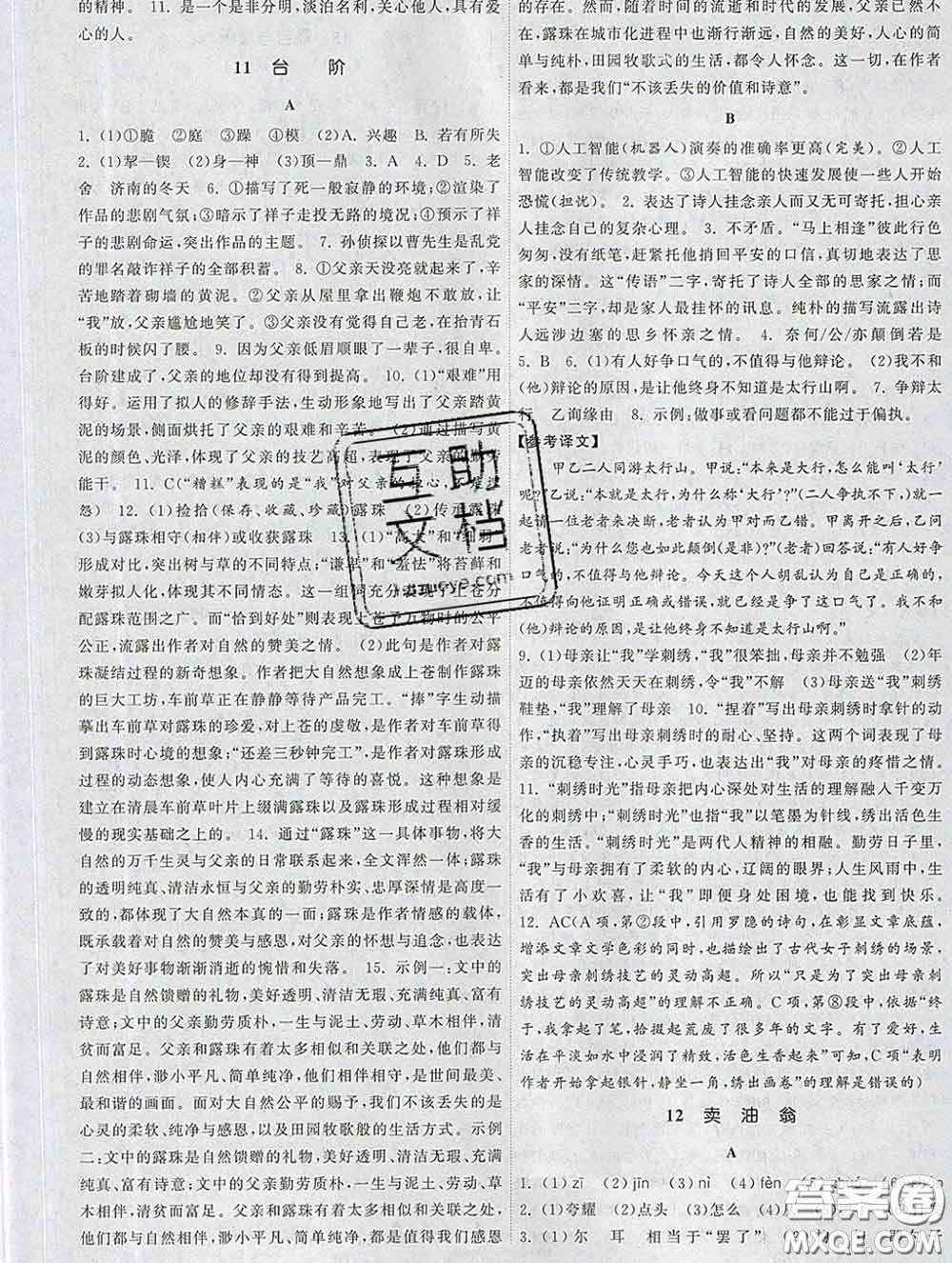 2020新版課時提優(yōu)計(jì)劃作業(yè)本七年級語文下冊人教版答案