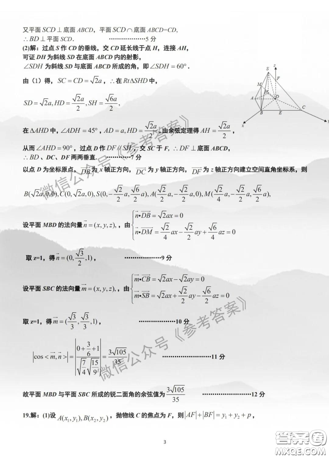 2020年湖北省高三4月線上調研考試理科數(shù)學答案