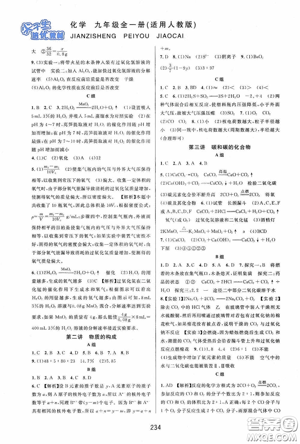 華東師范大學出版社2020尖子生培優(yōu)教材九年級化學全一冊人教版雙色版答案