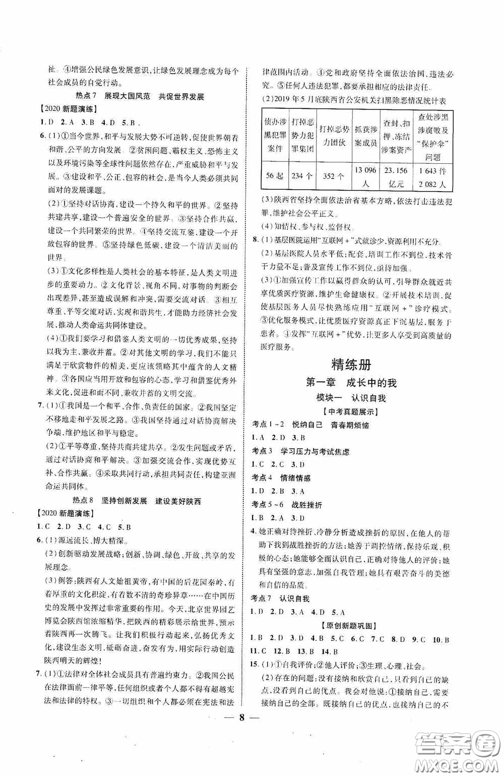 2020陜西中考總復(fù)習(xí)優(yōu)化指導(dǎo)道德與法治精練版答案