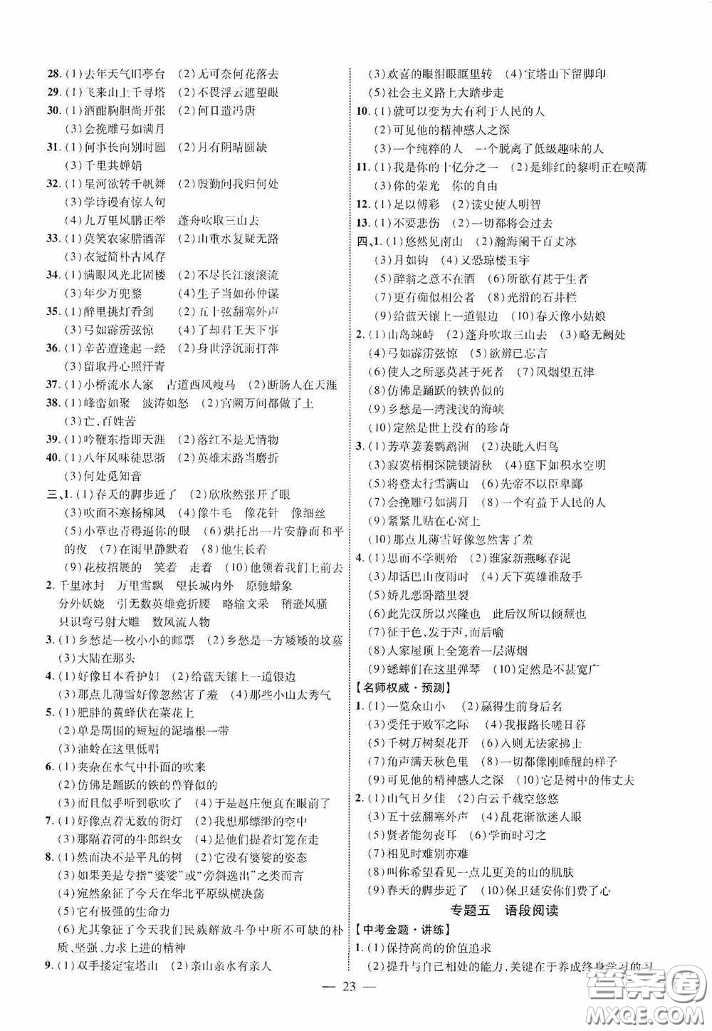 2020陜西中考總復習優(yōu)化指導語文精講版答案