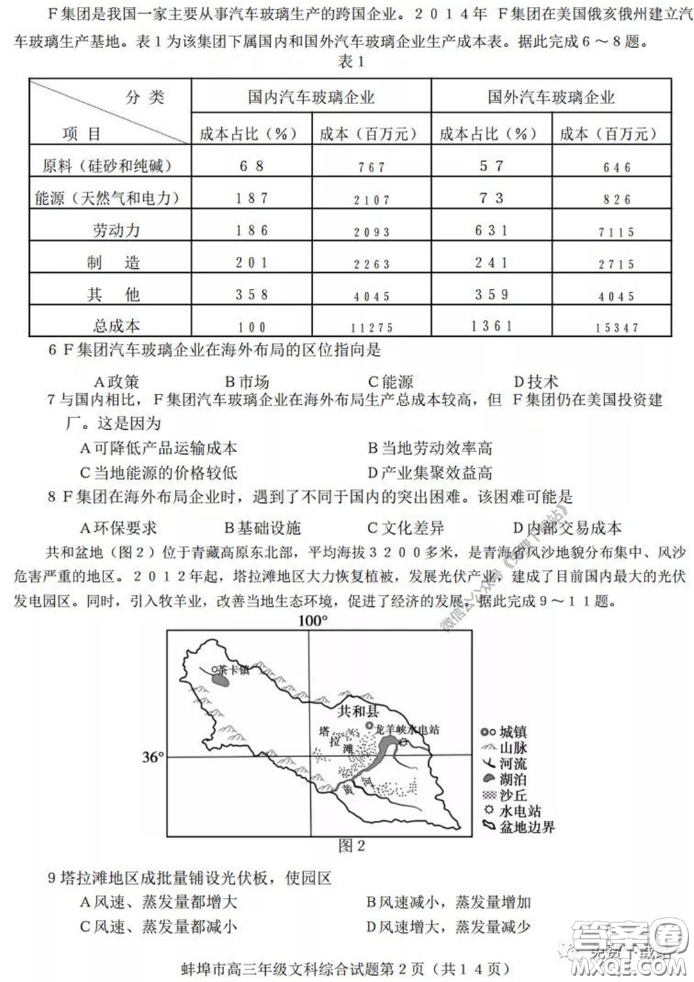 蚌埠市2020屆高三年級(jí)第三次教學(xué)質(zhì)量檢查考試文科綜合試題及答案