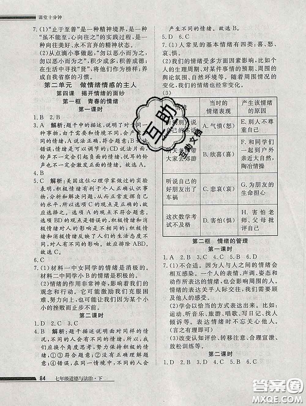 2020一川教育學考A+課堂檢測10分鐘七年級道德與法治下冊人教版答案