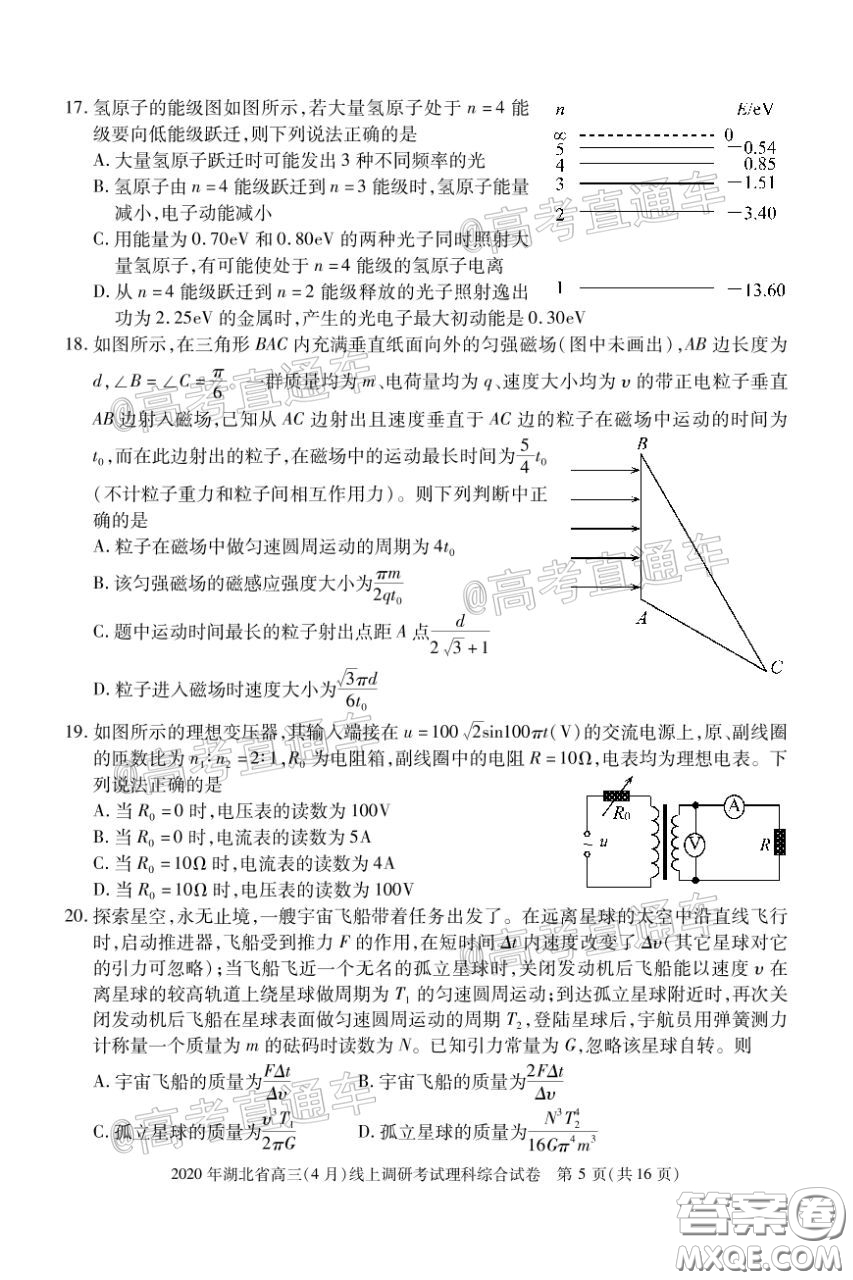 2020年湖北省高三4月線上調(diào)研考試理科科綜合試題及答案
