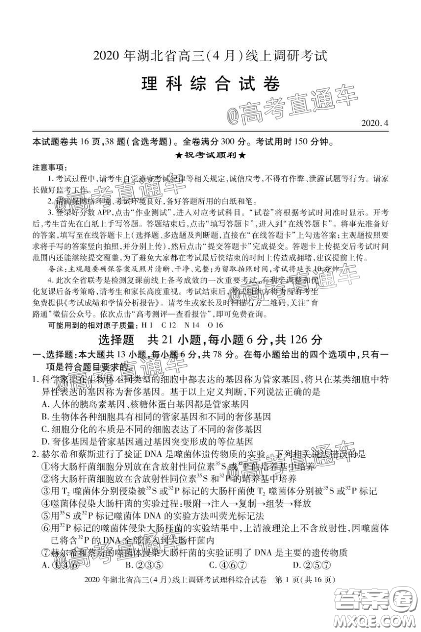 2020年湖北省高三4月線上調(diào)研考試理科科綜合試題及答案