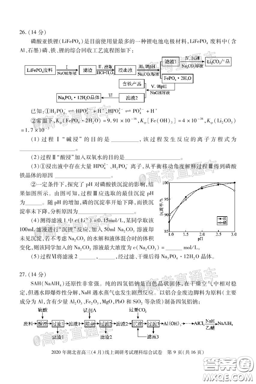 2020年湖北省高三4月線上調(diào)研考試理科科綜合試題及答案
