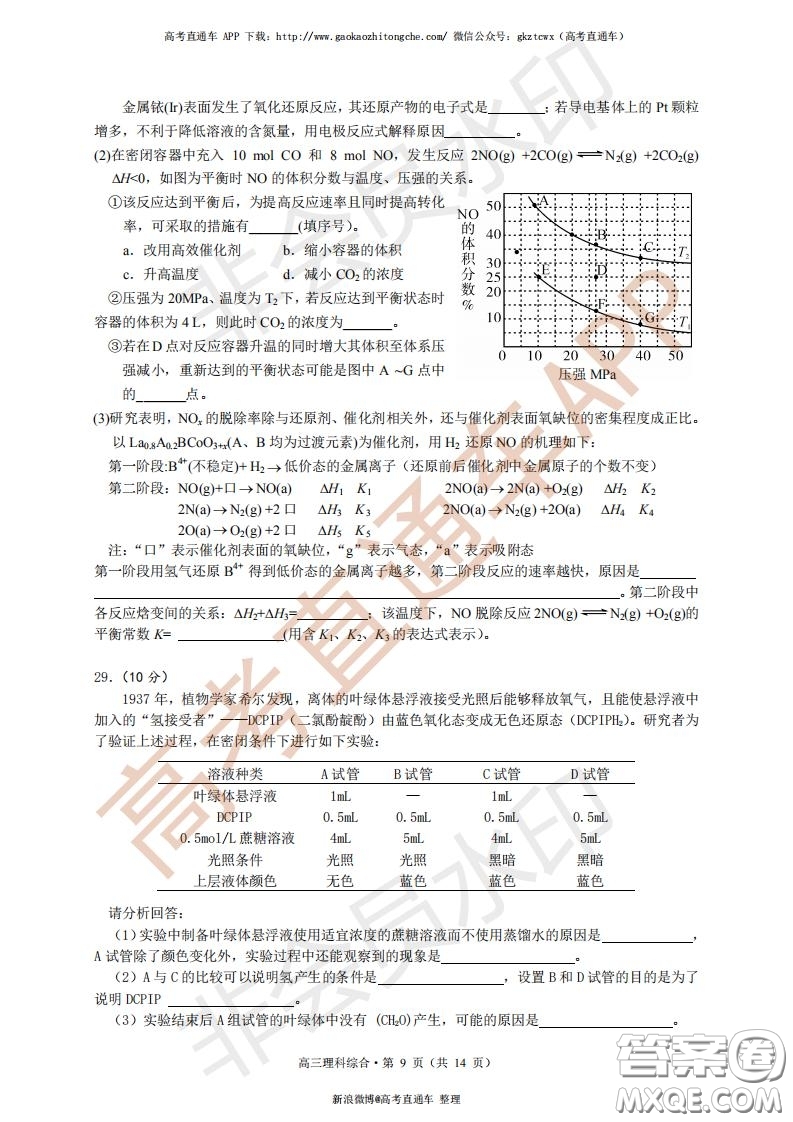宜昌市2020屆高三4月線上統(tǒng)一調(diào)研測試理科綜合試題及答案