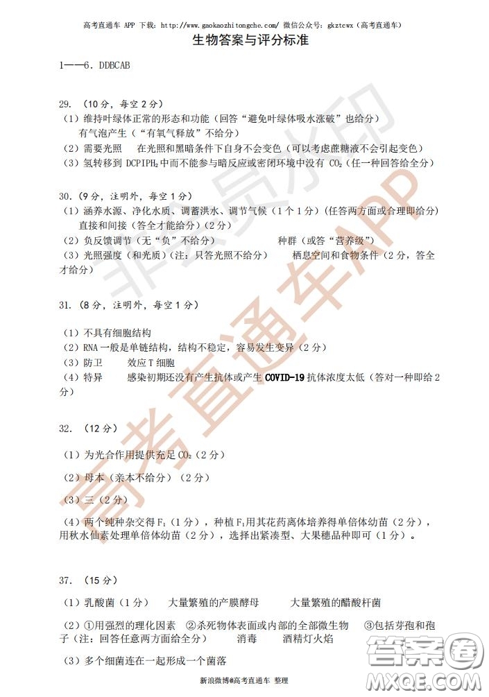 宜昌市2020屆高三4月線上統(tǒng)一調(diào)研測試理科綜合試題及答案