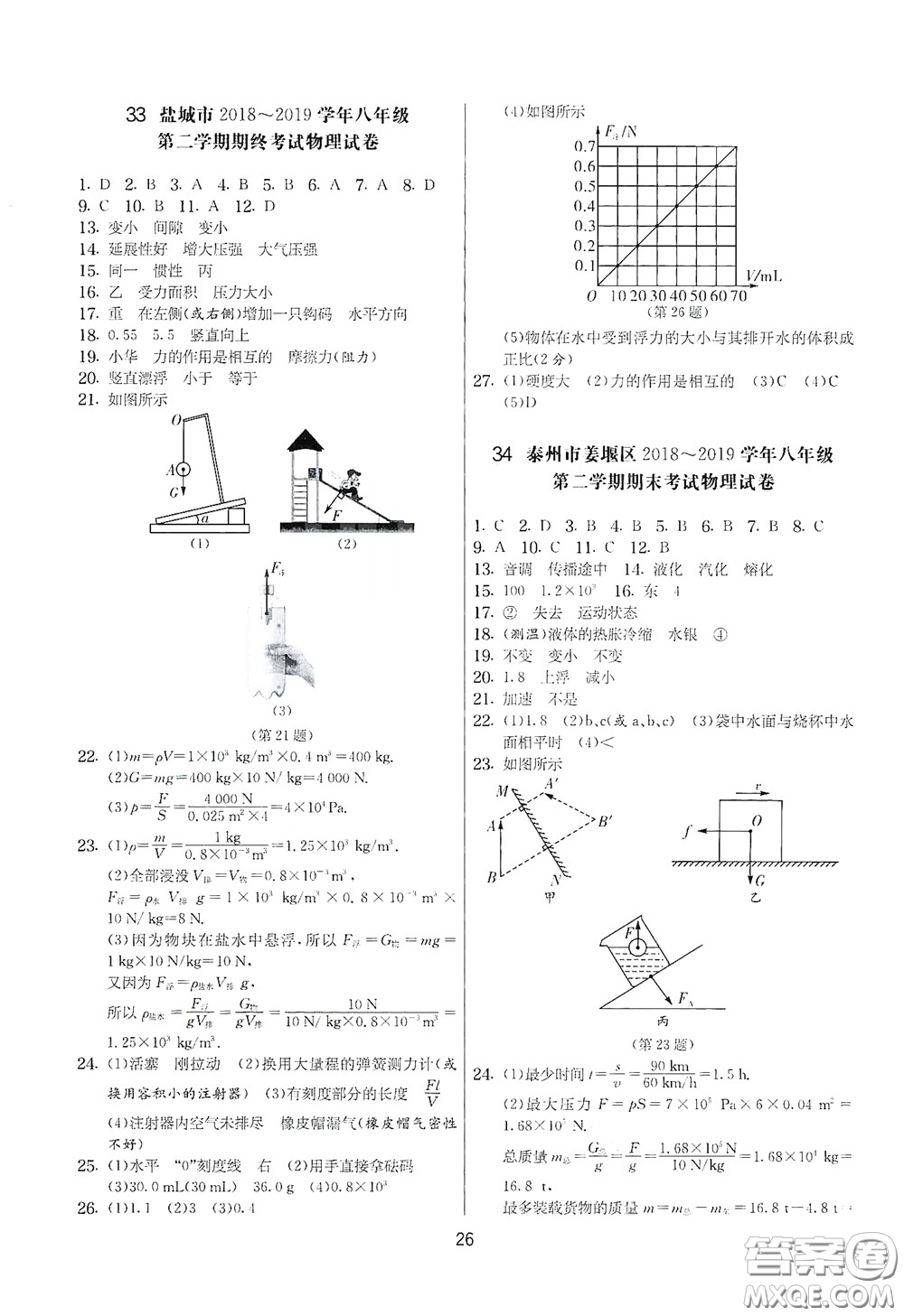 吉林教育出版社2020實(shí)驗(yàn)班提優(yōu)大考卷八年級物理下冊蘇科版答案