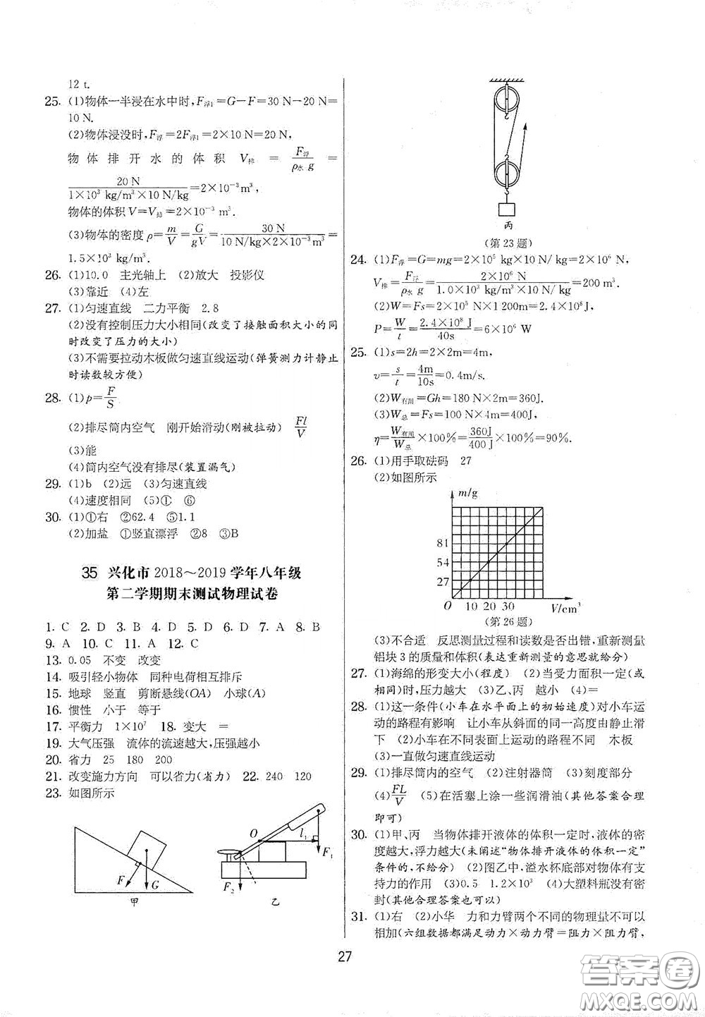 吉林教育出版社2020實(shí)驗(yàn)班提優(yōu)大考卷八年級物理下冊蘇科版答案