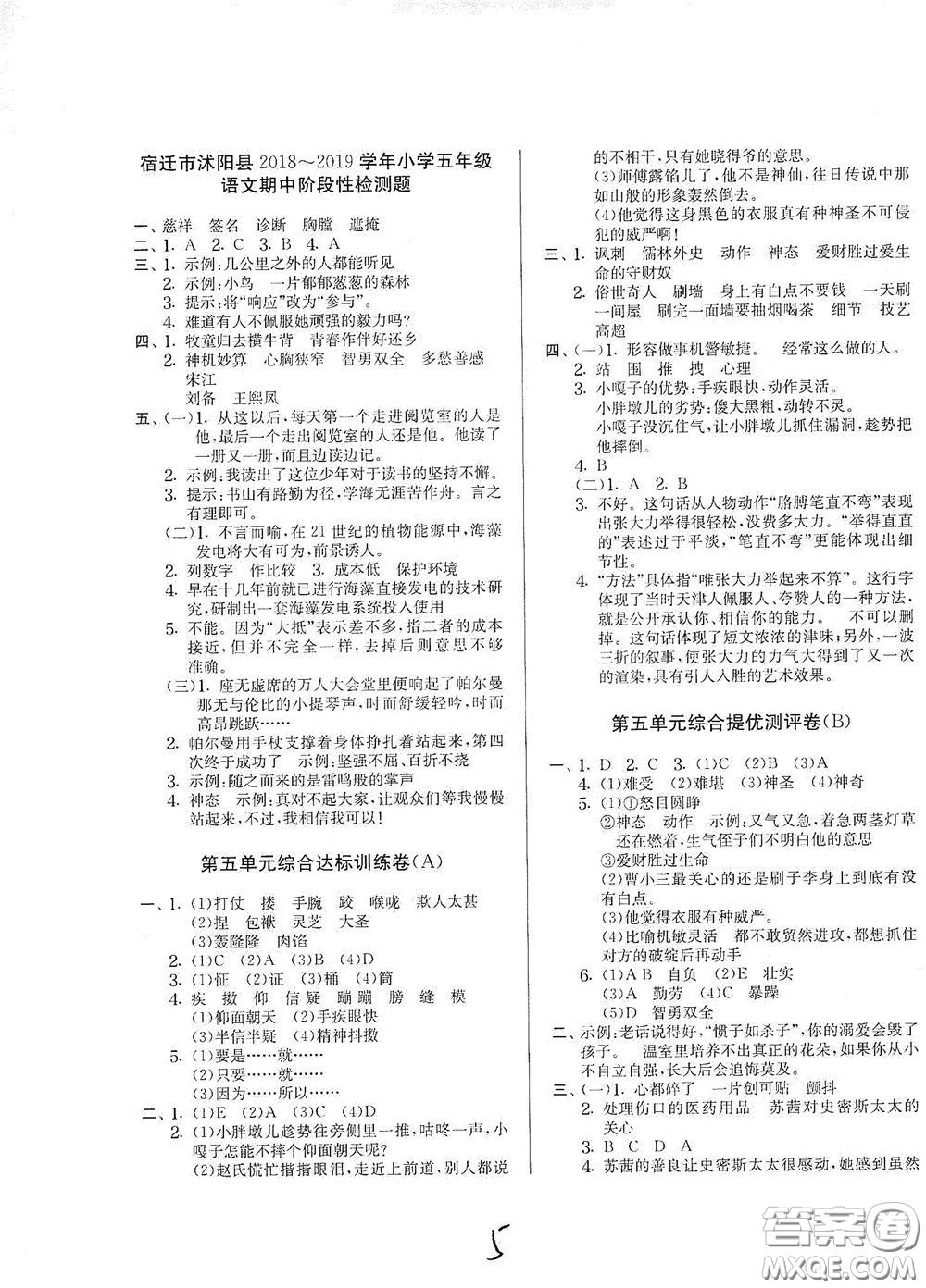 吉林教育出版社2020實(shí)驗(yàn)班提優(yōu)大考卷五年級(jí)語(yǔ)文下冊(cè)人教版答案