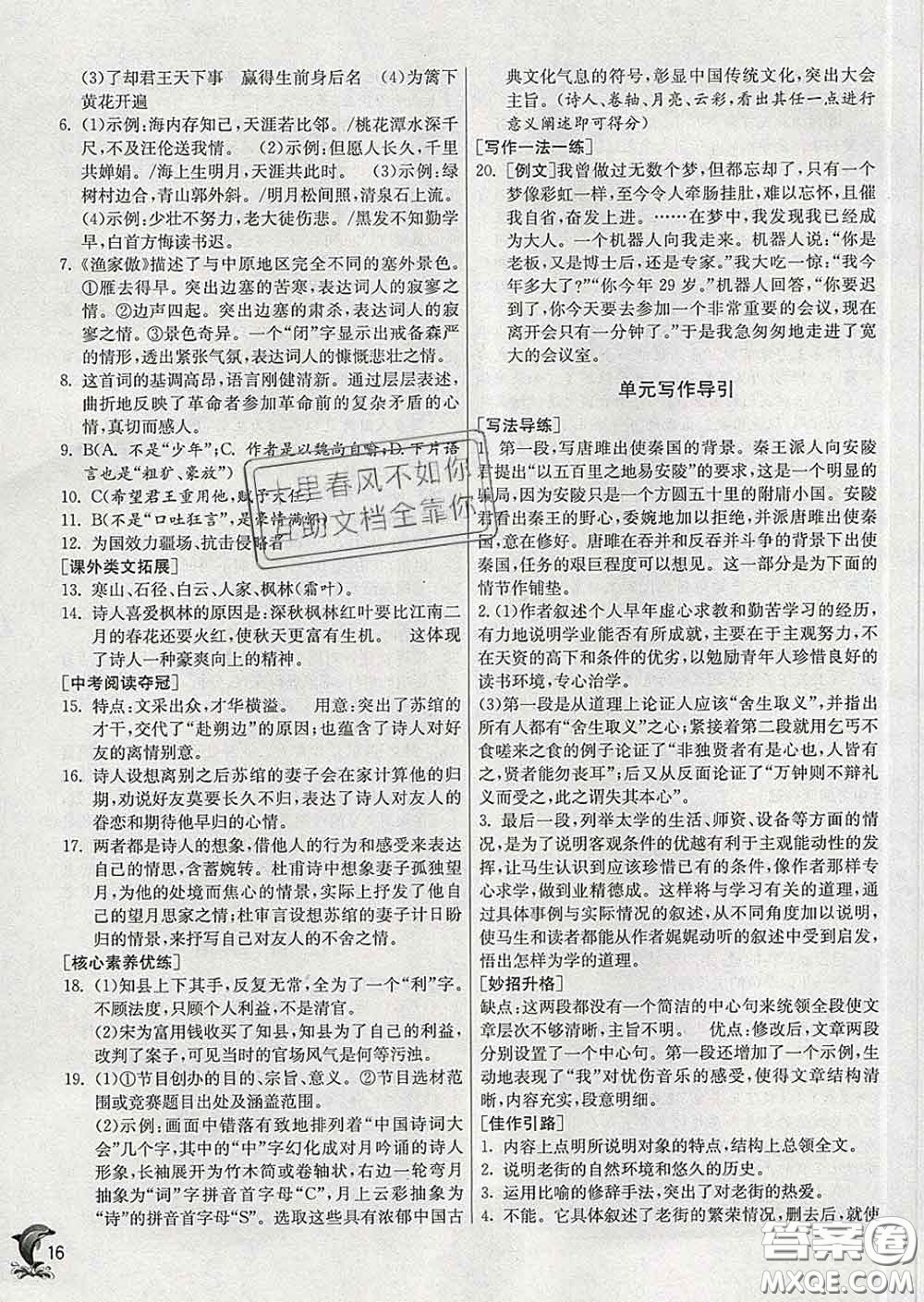 春雨教育2020春實驗班提優(yōu)訓(xùn)練九年級語文下冊人教版答案