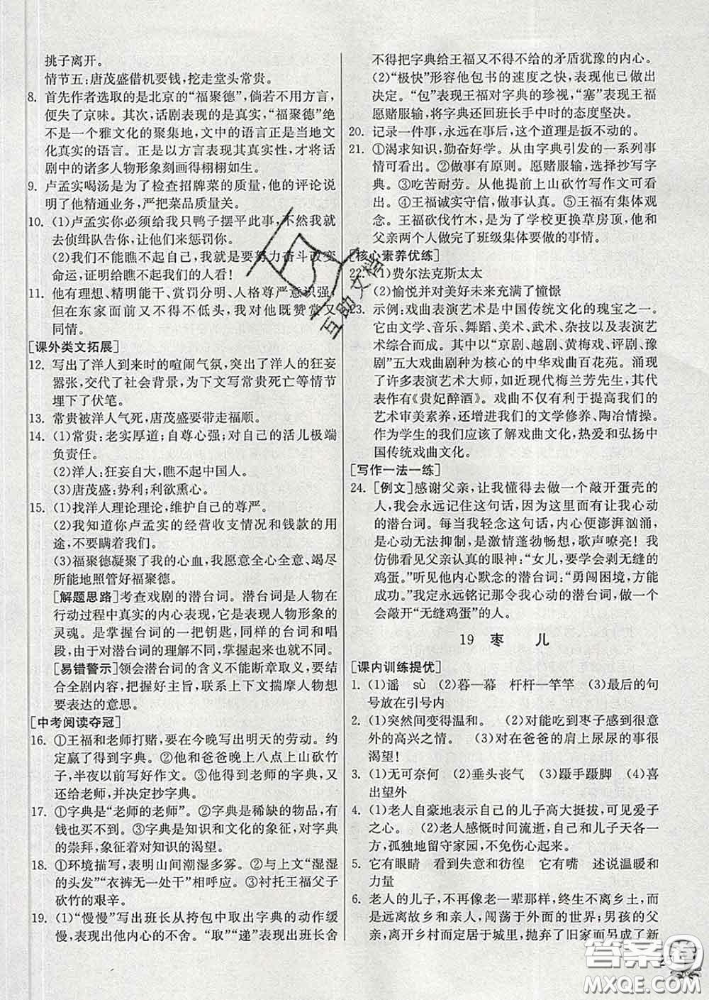 春雨教育2020春實驗班提優(yōu)訓(xùn)練九年級語文下冊人教版答案