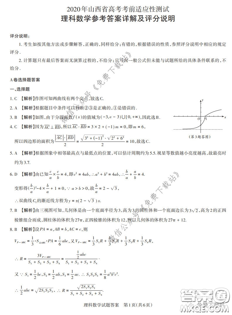 2020年4月山西省高考考前適應性測試理數(shù)試題及答案