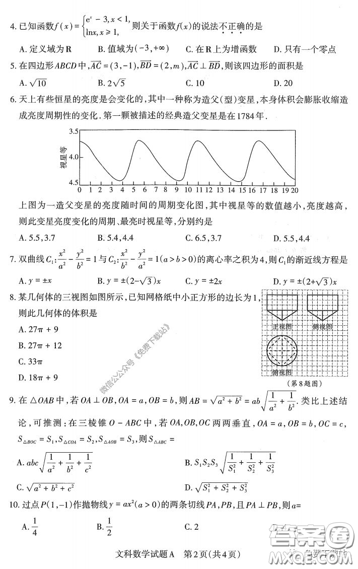 2020年4月山西省高考考前適應(yīng)性測(cè)試文科數(shù)學(xué)試題及答案