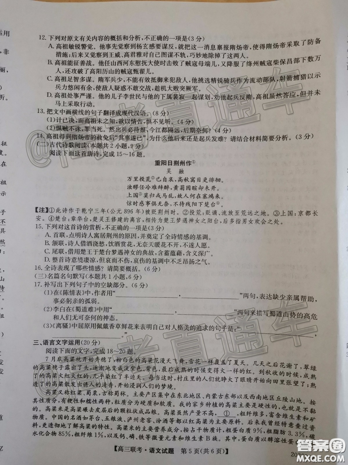 2020年菏澤一模語文試題及答案