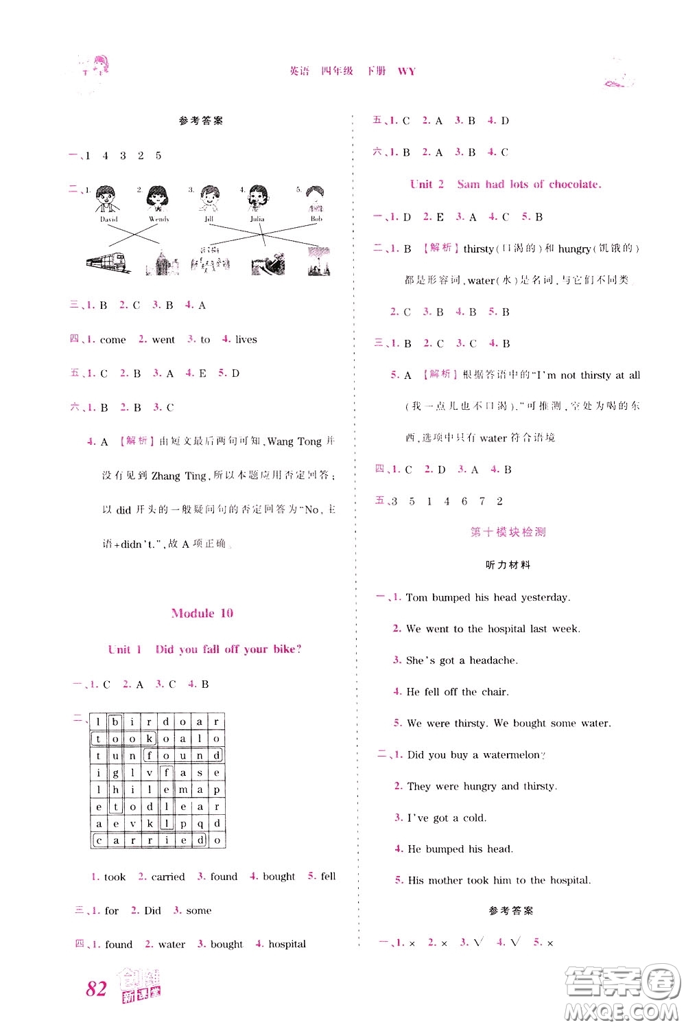 2020年王朝霞創(chuàng)維新課堂同步優(yōu)化訓(xùn)練英語四年級下冊WY外研版參考答案