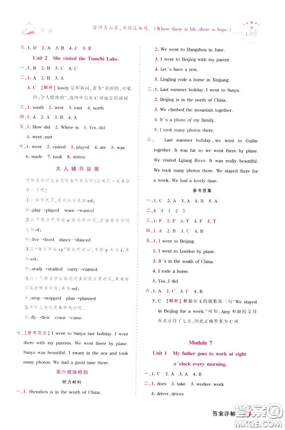 2020年王朝霞創(chuàng)維新課堂同步優(yōu)化訓(xùn)練英語五年級下冊WY外研版參考答案