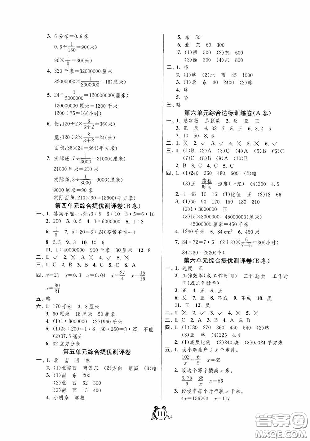 江蘇人民出版社2020提優(yōu)名卷六年級數(shù)學下冊蘇教版答案