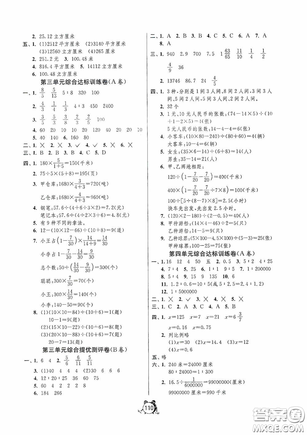 江蘇人民出版社2020提優(yōu)名卷六年級數(shù)學下冊蘇教版答案