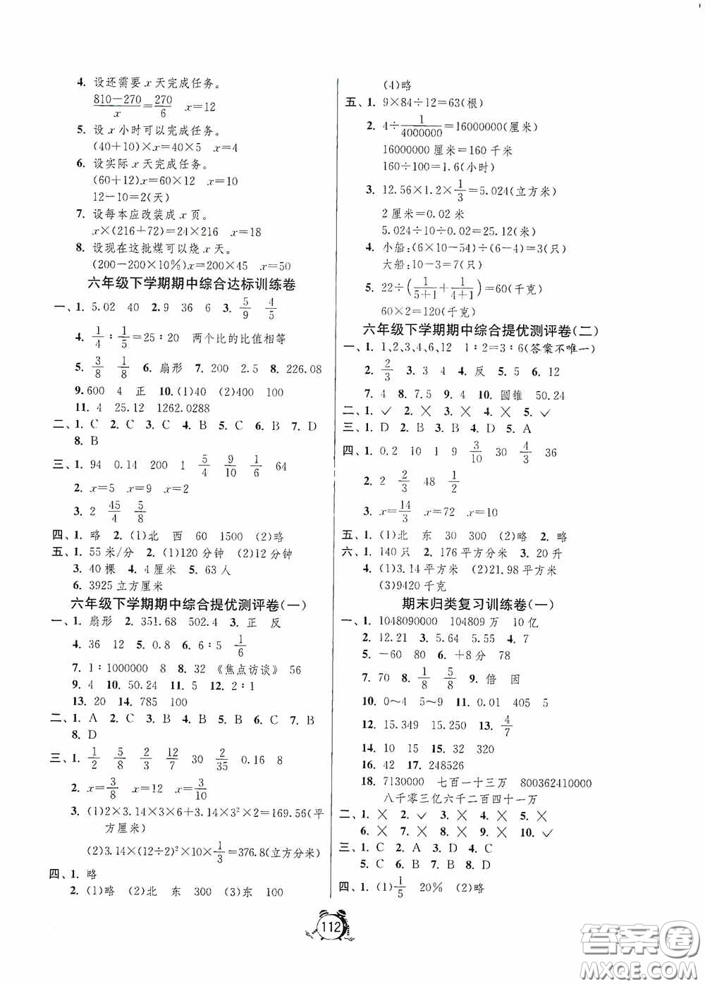 江蘇人民出版社2020提優(yōu)名卷六年級數(shù)學下冊蘇教版答案