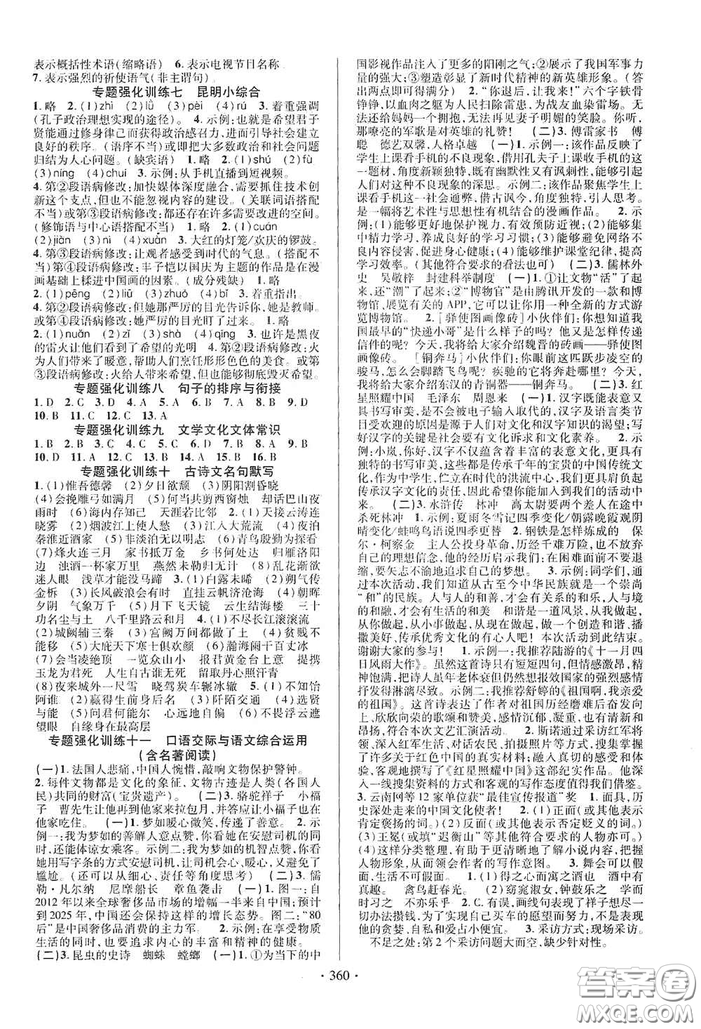2020云南本土初中總復習掌控中考課外提升作業(yè)語文答案